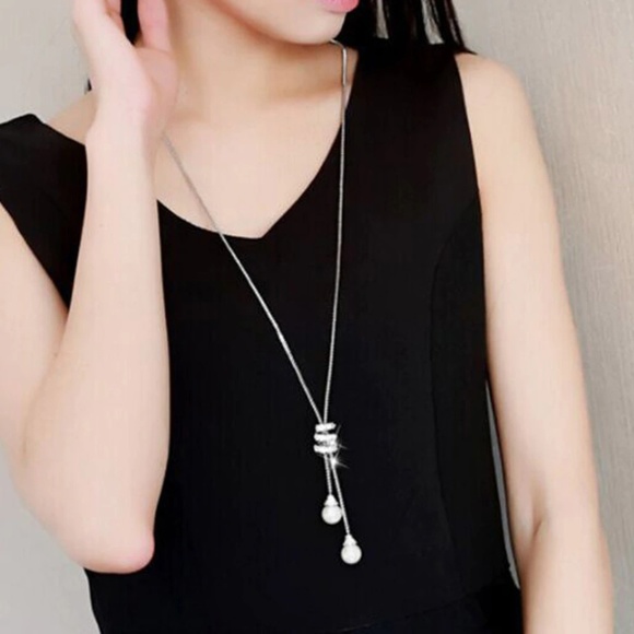 Florasfantasies, sweater chain necklace, pearl, Jewelry - Simulated Pearl & Crystal Bolo Necklace